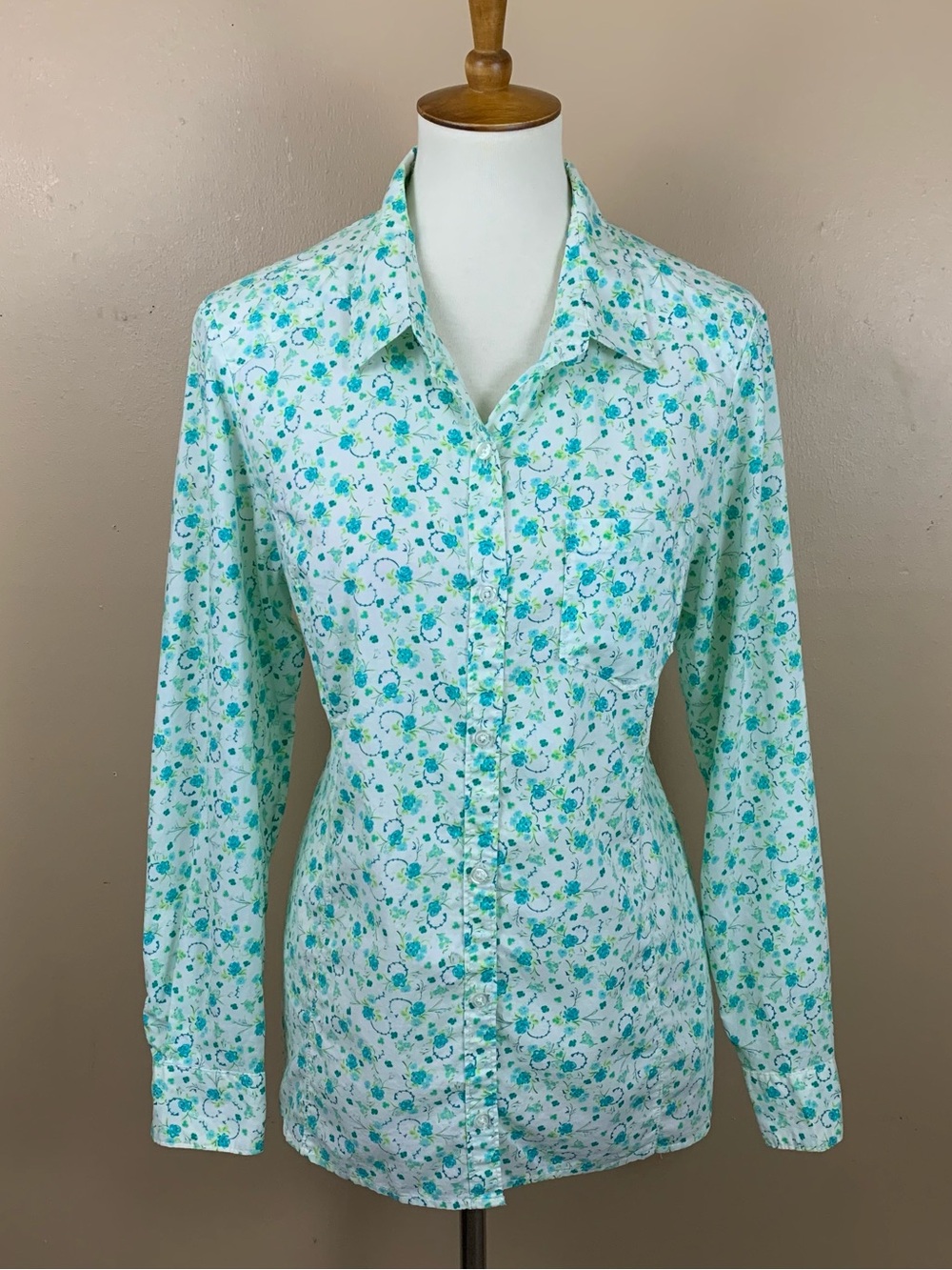 Westbound Shirt Womens Large White Teal Floral Button Up Cotton Long Sleeve Top